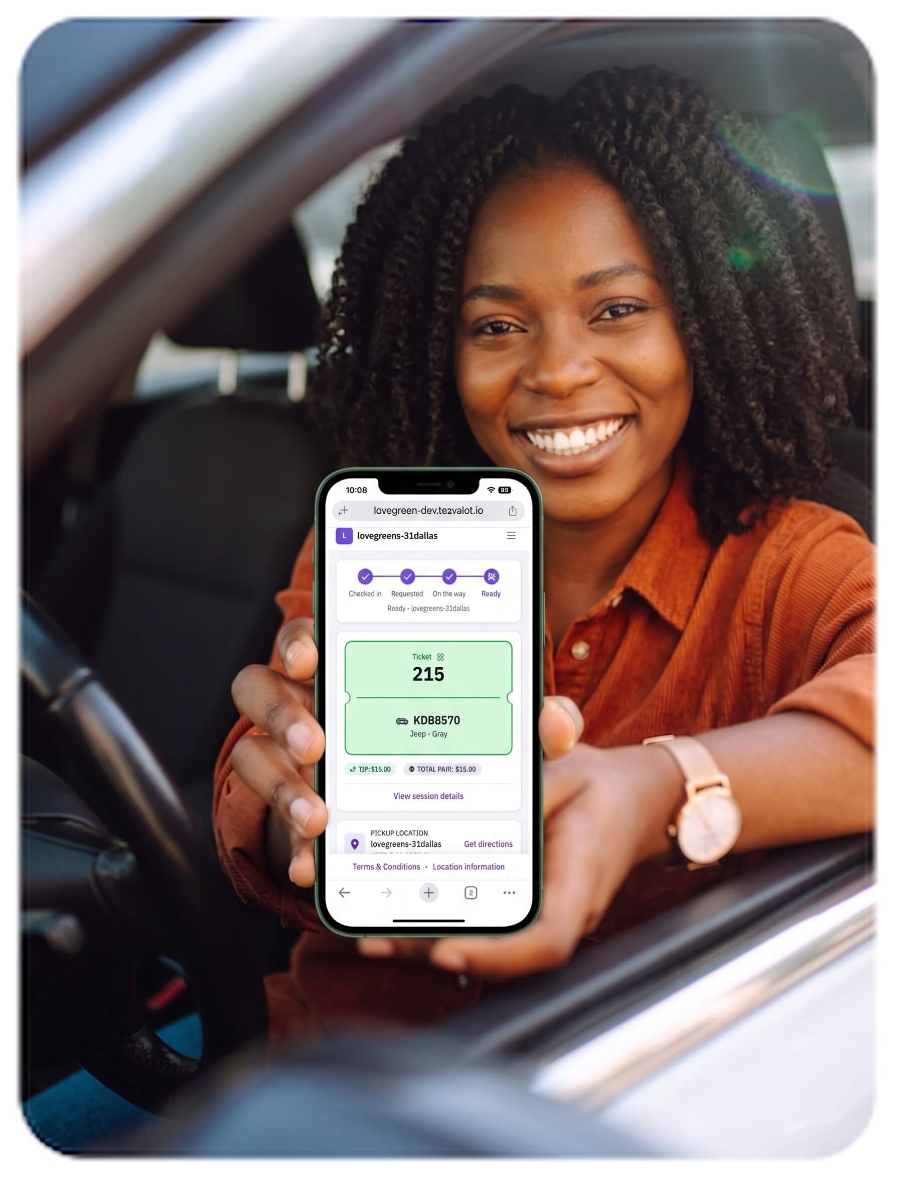 Woman on phone parking happy